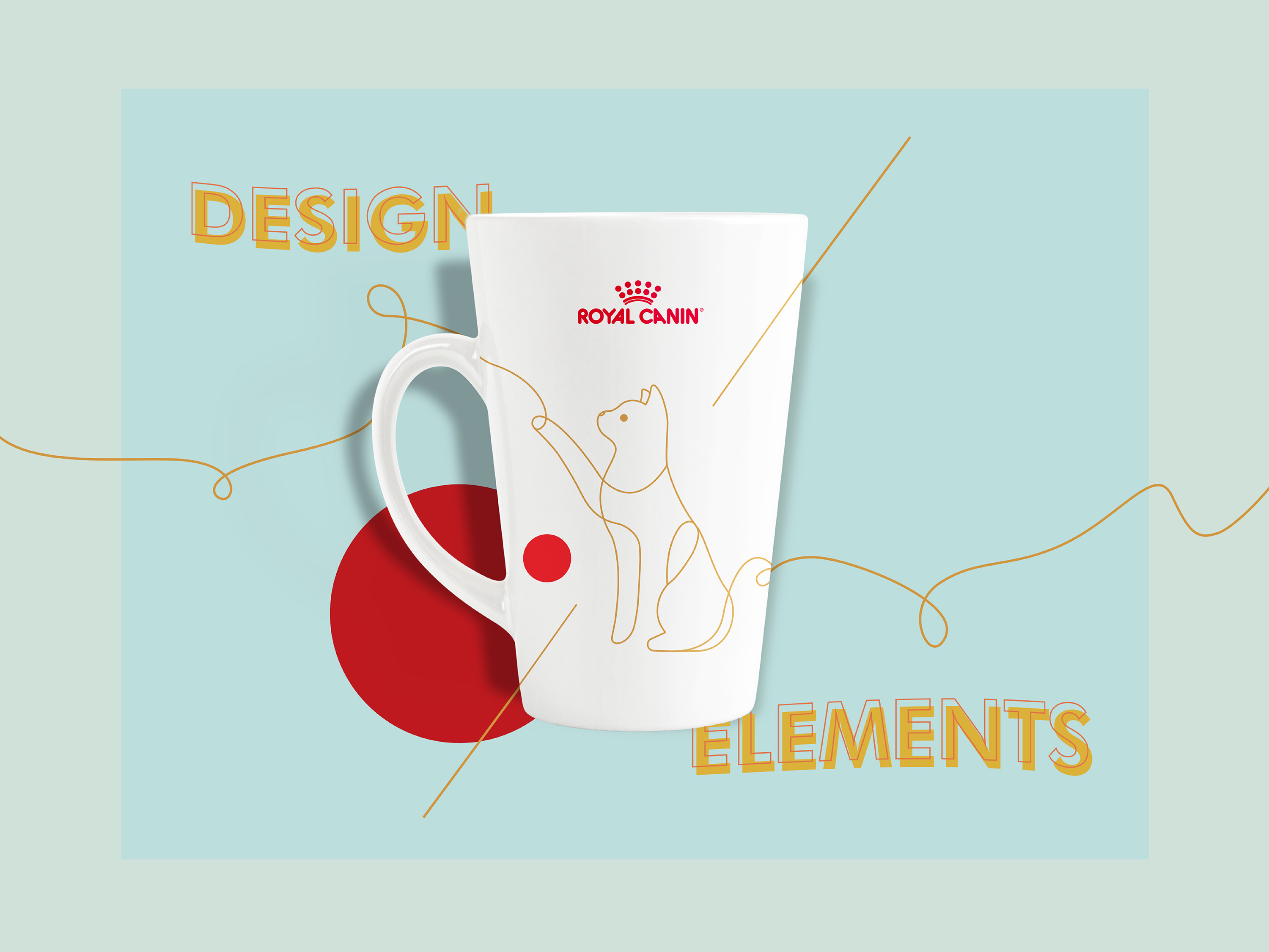 White Royal Canin mug design featuring a cat in line drawing with bold elements on a flat pastel colour background adorned with bold elements and typography